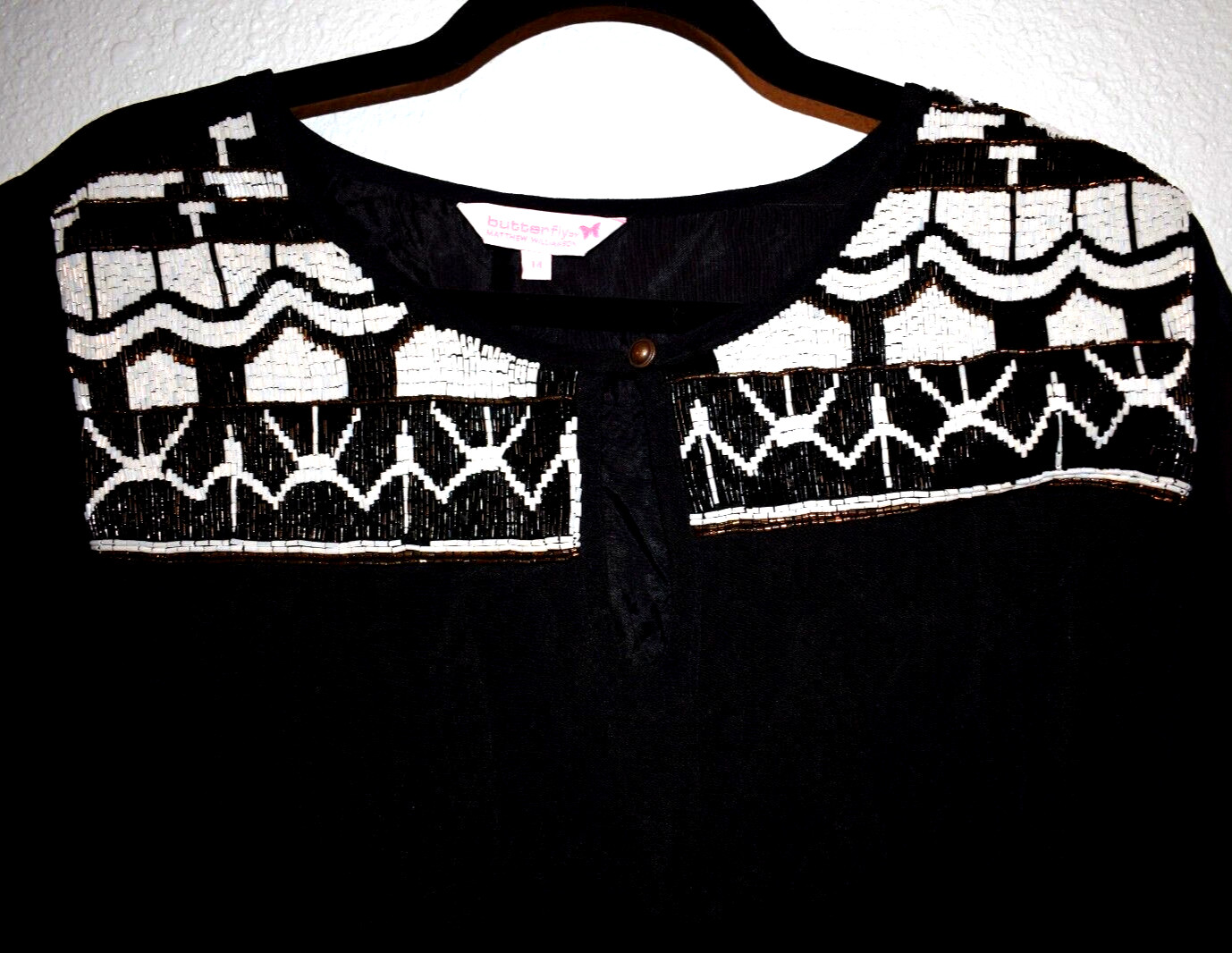 Black Cocktail Dress with White, Black, and Copper Color Sequences