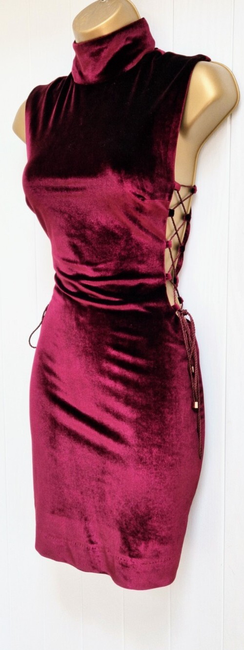 HOUSE OF CB Sukina Mulberry Velvet High Neck Laced Mini Evening Dress S UK 8 10