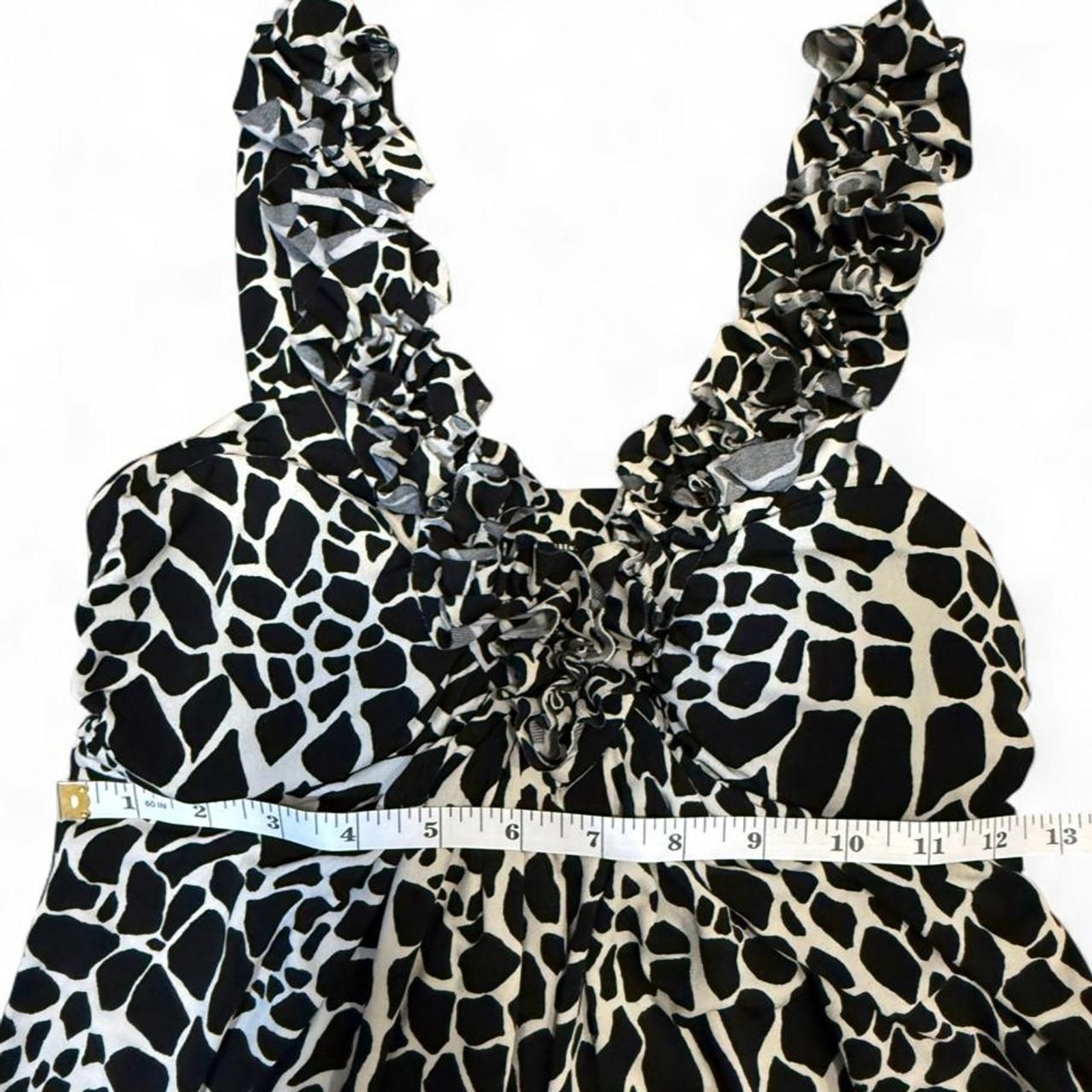 En Focus Studio Black White Animal Print Sheath Dress — Ruffle Neckline