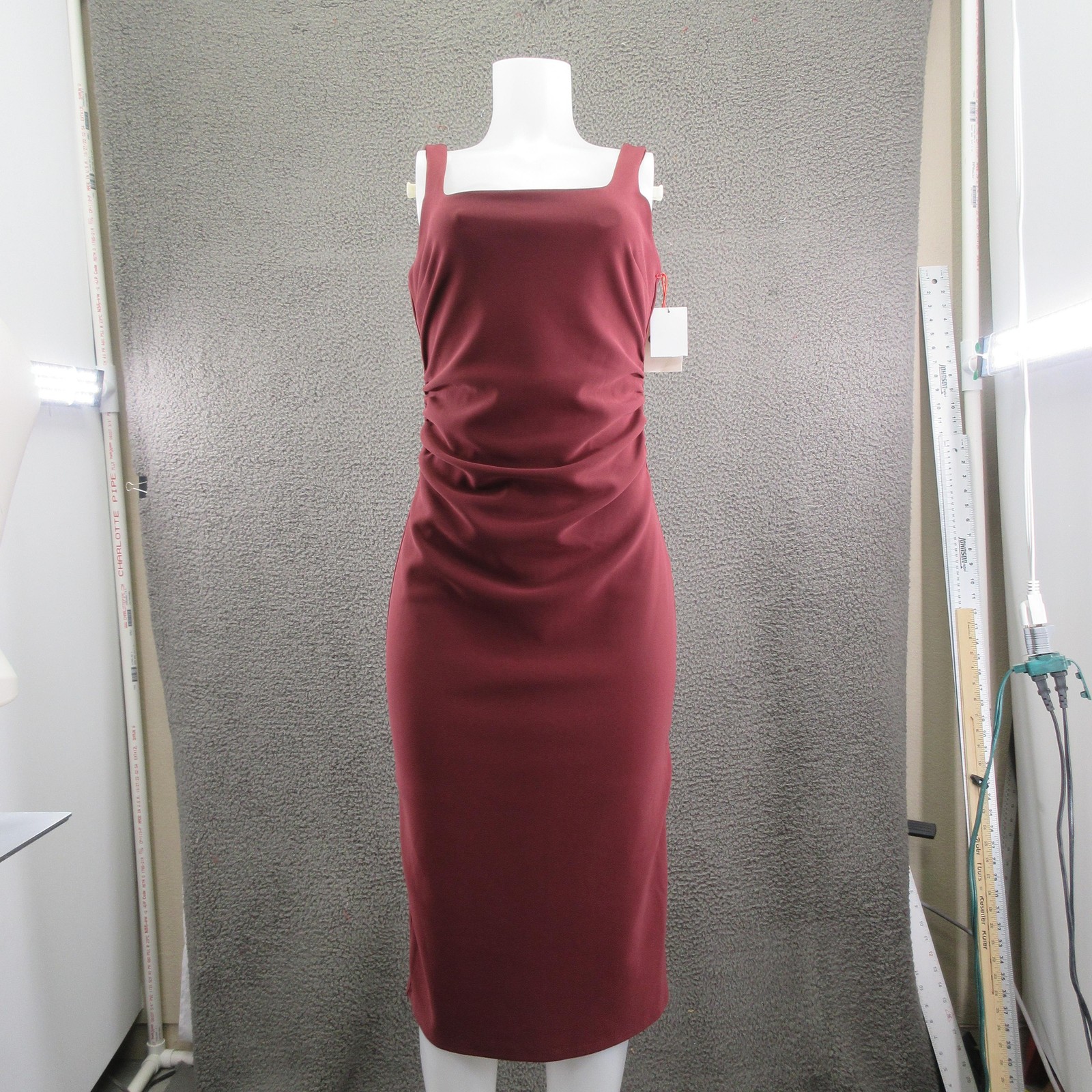 Open Edit Dress Womens Small Burgundy Midi Ruched Bodycon Sleeveless Square Neck