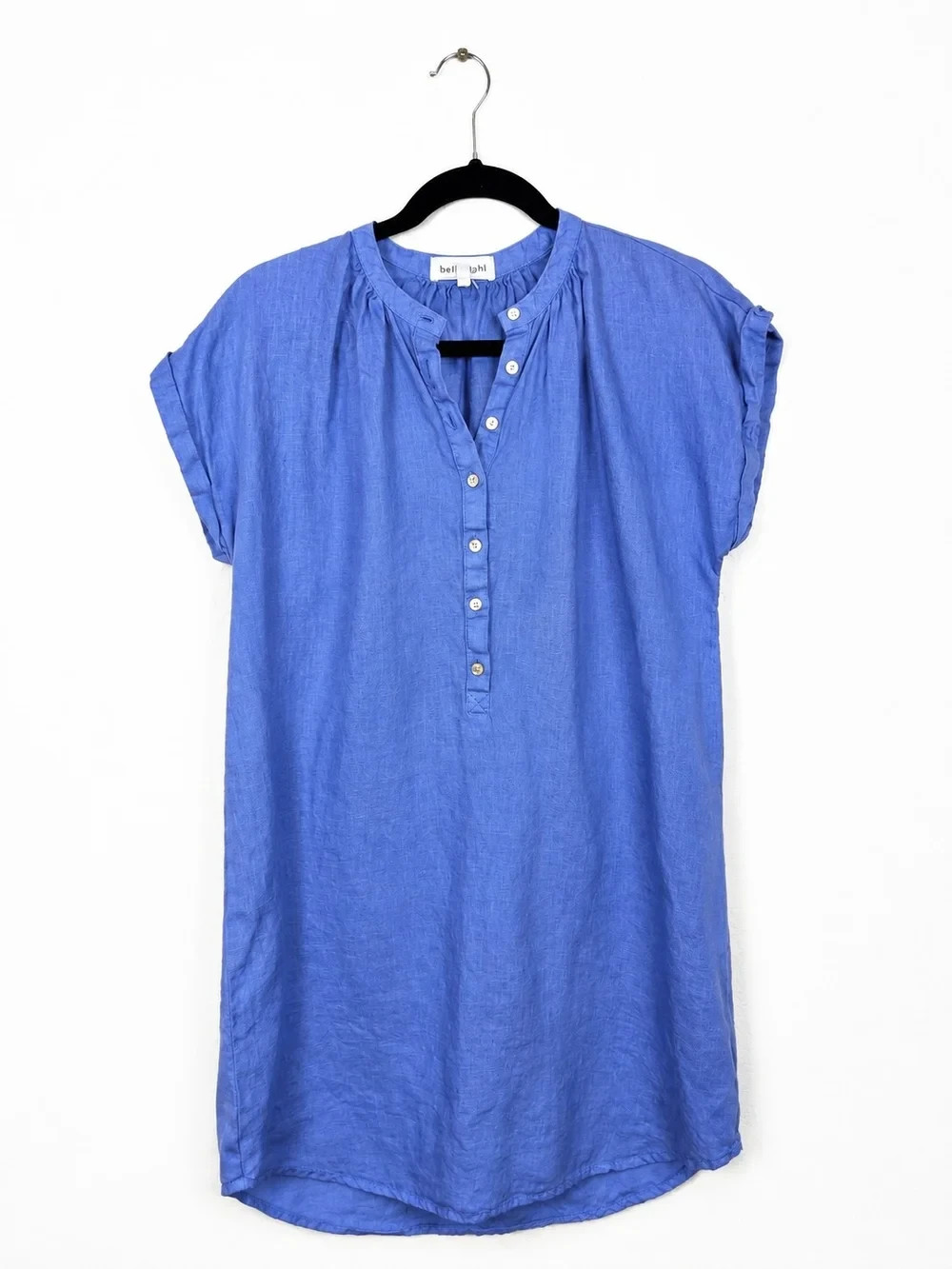Bella Dahl Blue Linen Shirt Dress Tunic Mini Rolled Sleeve Coastal Size Small