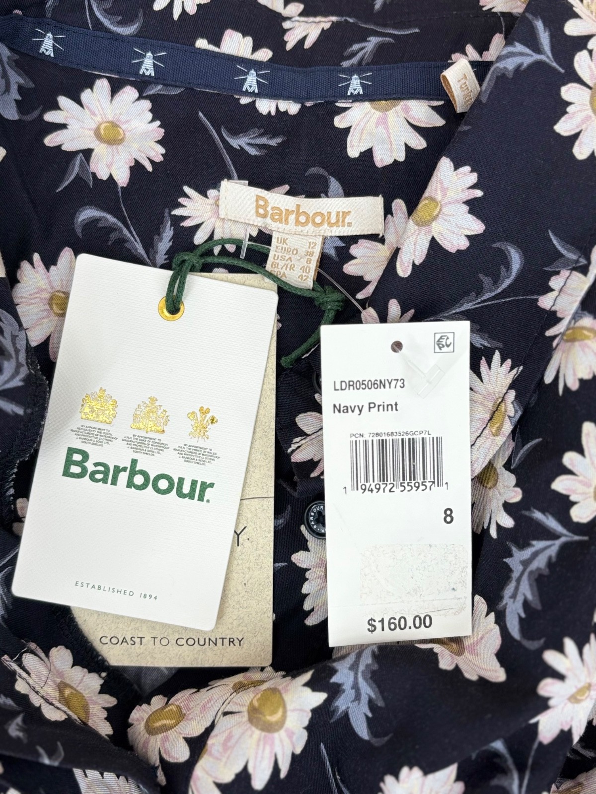 Barbour Cranmoor Dress Size 8 Navy Daisy Floral Shirt Midi 100% Lyocell NWT