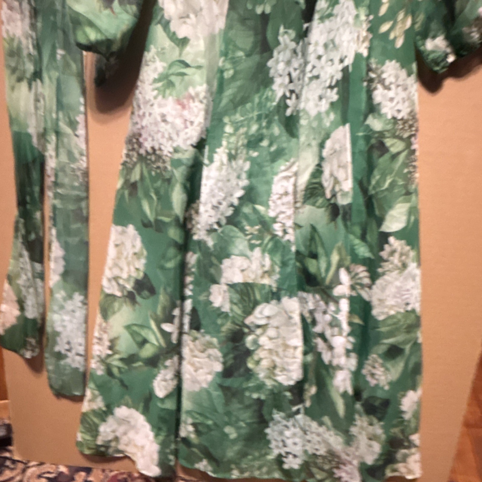 Green White Floral V-Neck A-Line Short Tie Belt 3/4 Sleeve Dress S