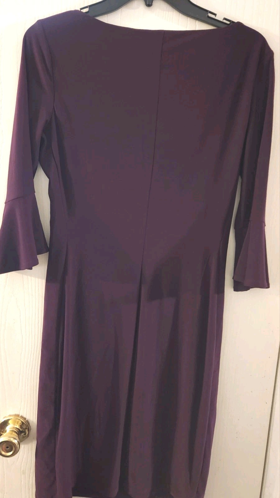 ANNE Klein Purple Bell Sleeve Sheath Dress Sz SMALL EUC LN Gathered Waist Slinky