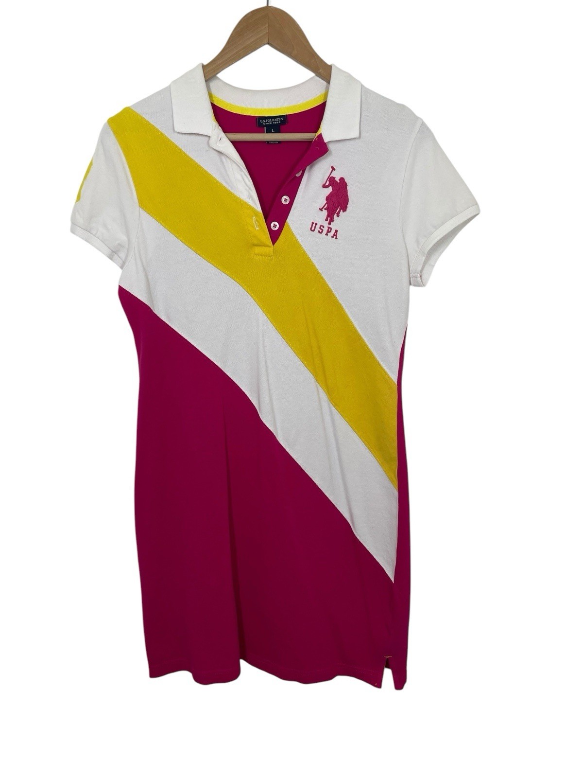 U.S. Polo ASSN. Womens Polo T-Shirt Dress Hot Pink Yellow White Size Large