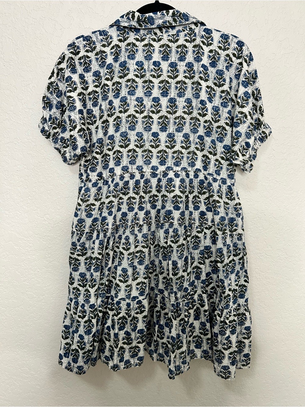 THML Blue Floral Block Print Tiered Mini Dress Metallic Lurex Collared Size M