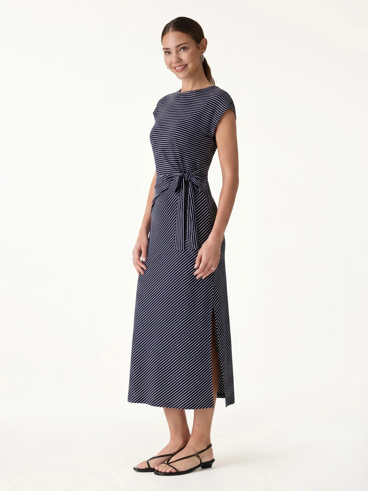 Women’s Striped Relaxed Midi Dress with Tie Belt, Navy/White Stripe