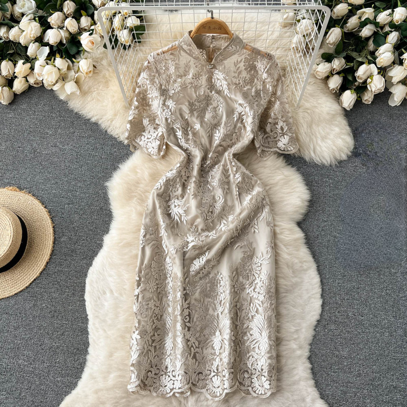 Women Qipao Dress Cheongsam Embroidery Floral Mandarin Collar Party Evening