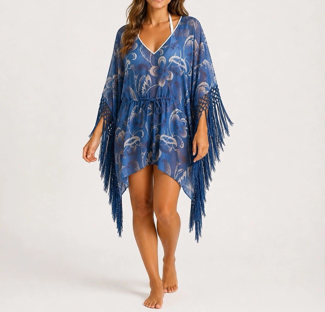 Tashia London Blue Silk Floral Fringe Cover Up Dress Bead Drawstring Waist Sz 8