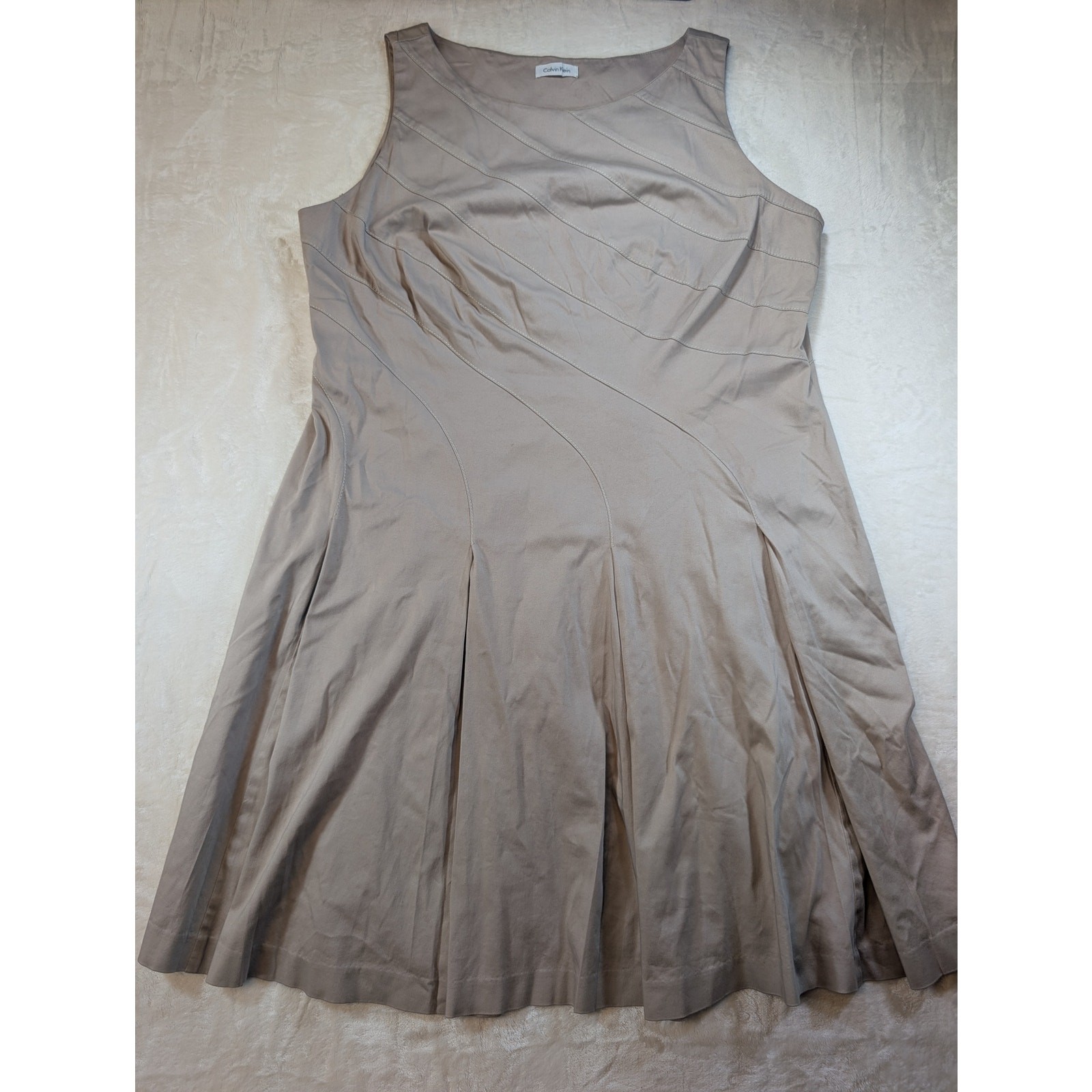Calvin Klein Womens Fit Flare Dress Taupe Sleeveless Career Midi Size XL