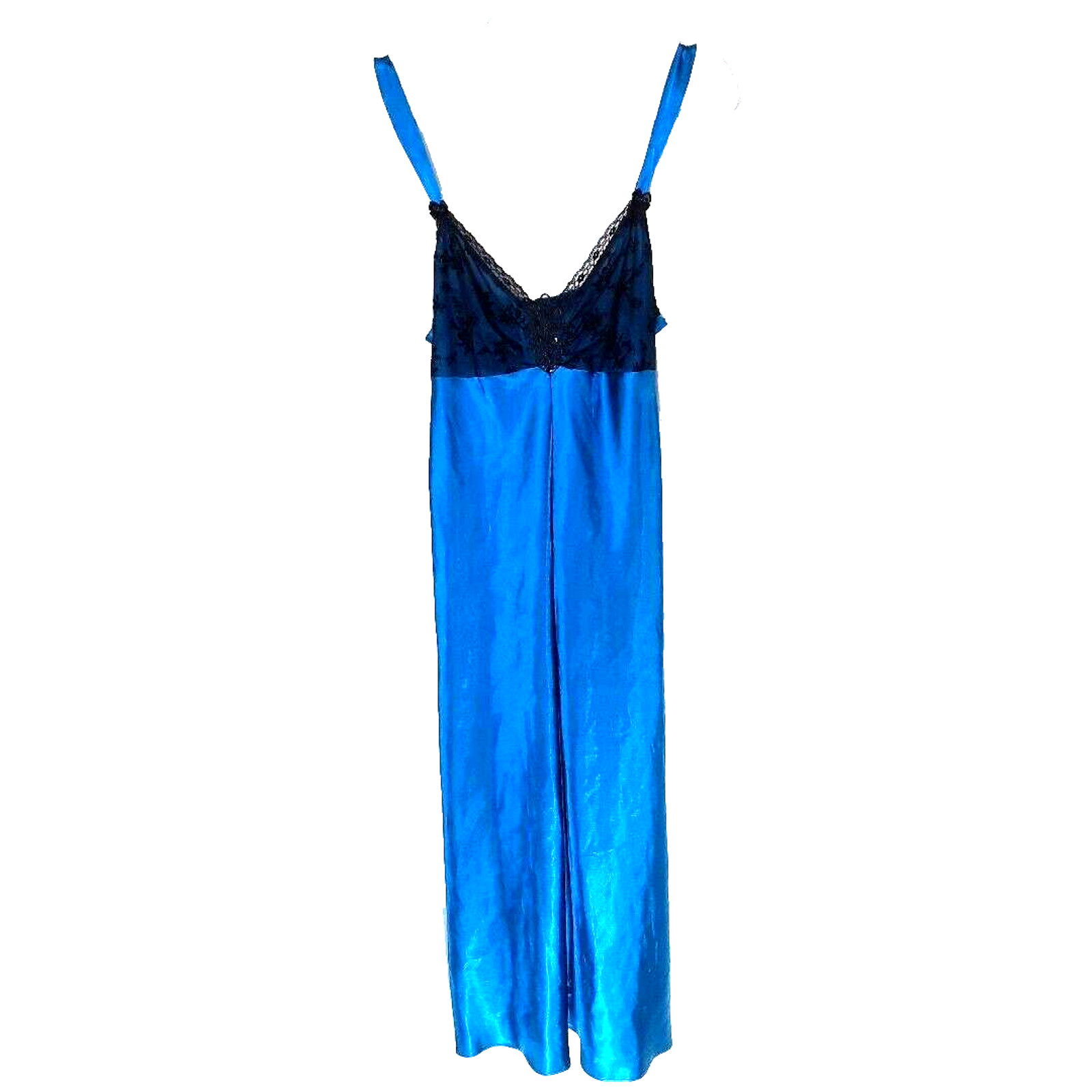 Beaded Lace Satin Mesh Empire Waist Maxi Slip Dress Large Blue Whimsigoth Regent