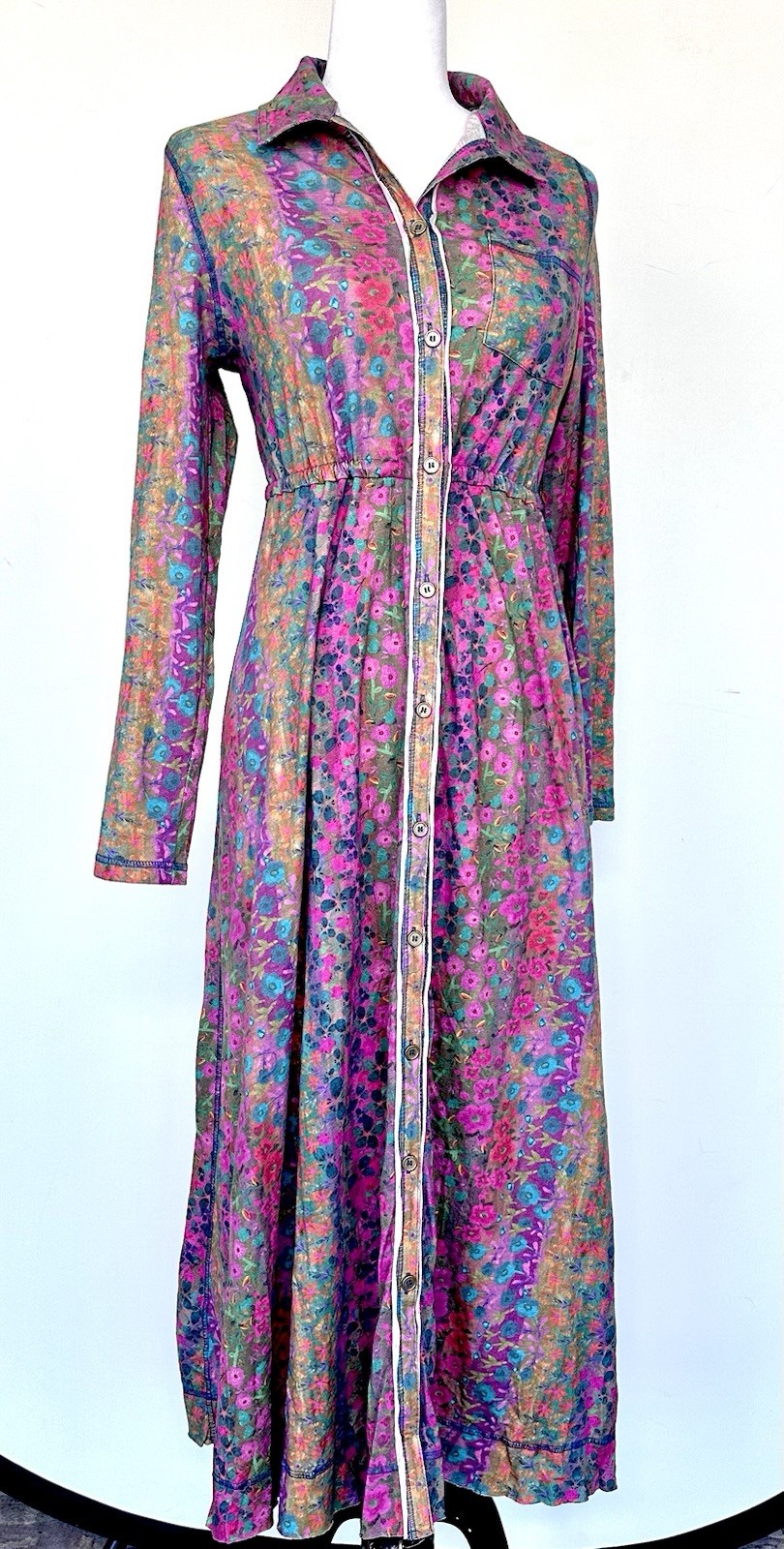 Button Down Brushed Cotton Knit Floral Dress LS NWT Raw Seam