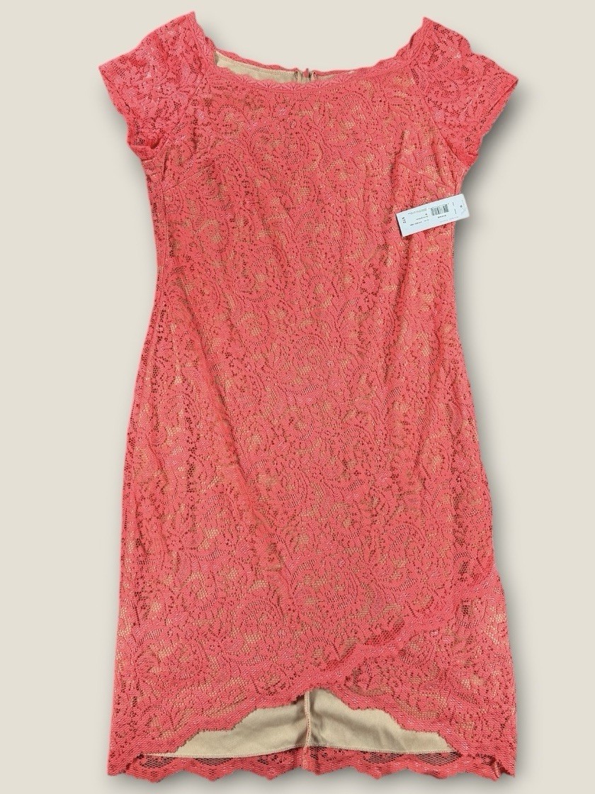 Bisou Bisou NWT Lace Sheath Dress Womens 16 Coral Pink Nude Lining Cap Sleeve