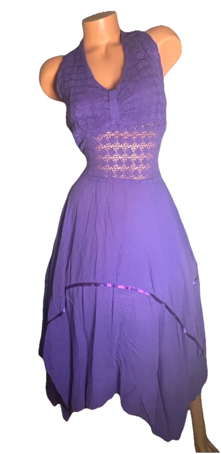Vintage Crochet Handkerchief Hem Dress L? Purple Ribbon Halter Sundress
