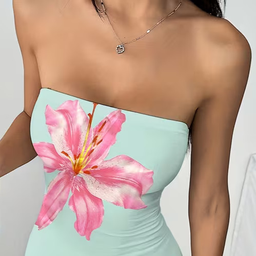 NEW Medium Elegant Sleveless Ruched Mint Green Maxi Dress w Pink & White Flowers