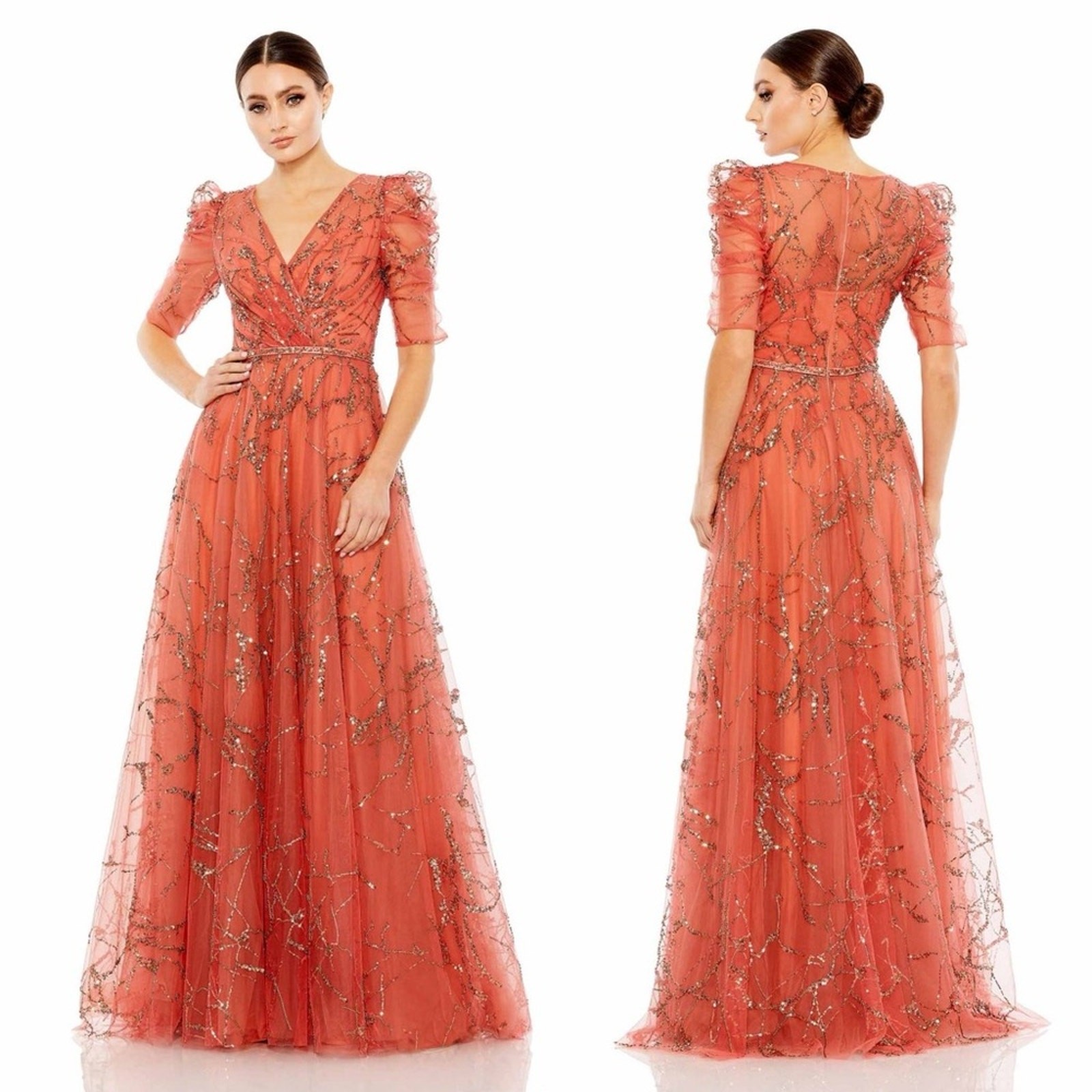 Mac Duggal 20428 Embellished Gathered Puff Sleeve Faux Wrap Gown Size 4 NWT