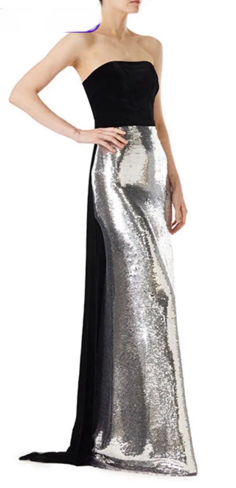 Monique Lhuillier Strapless Sequin Silver & Black Velvet Gown Worn Once Size 4