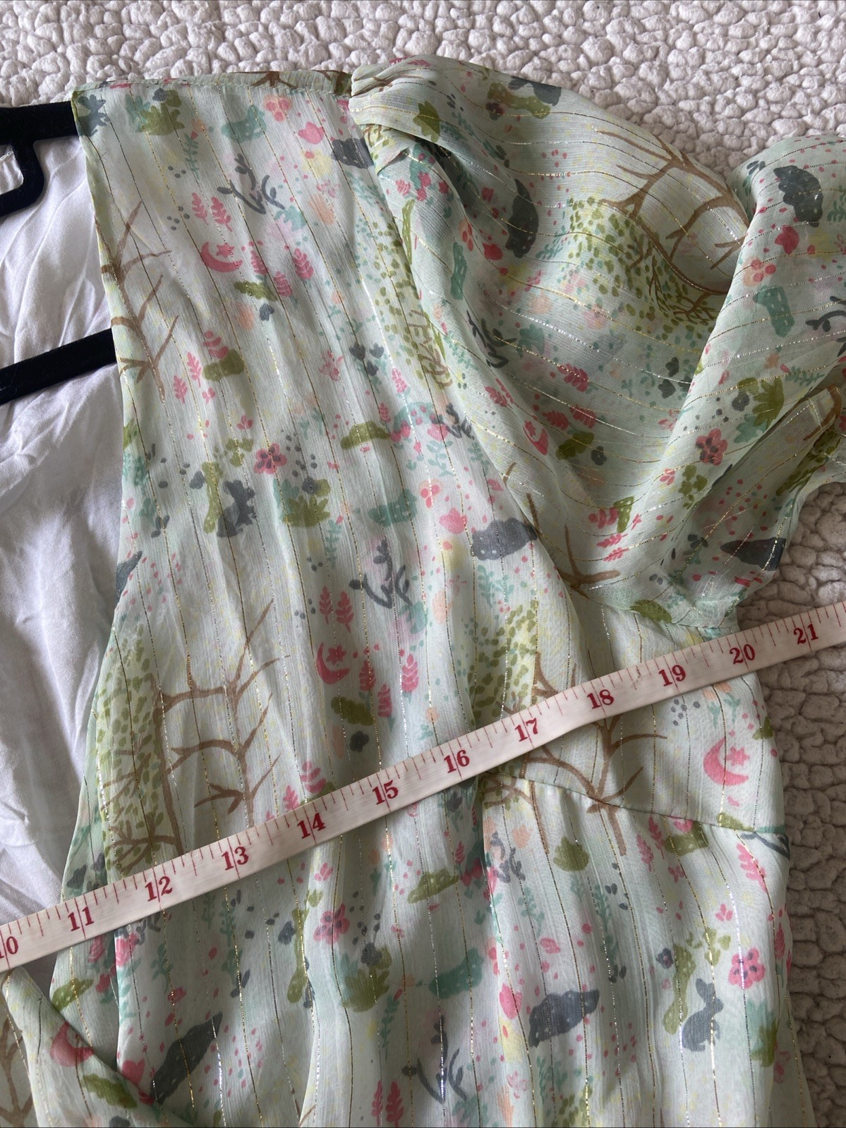 Oliver Bonas Sheer Floaty Leaf Print Midi Dress Ruffle Metallic Detail Size 16
