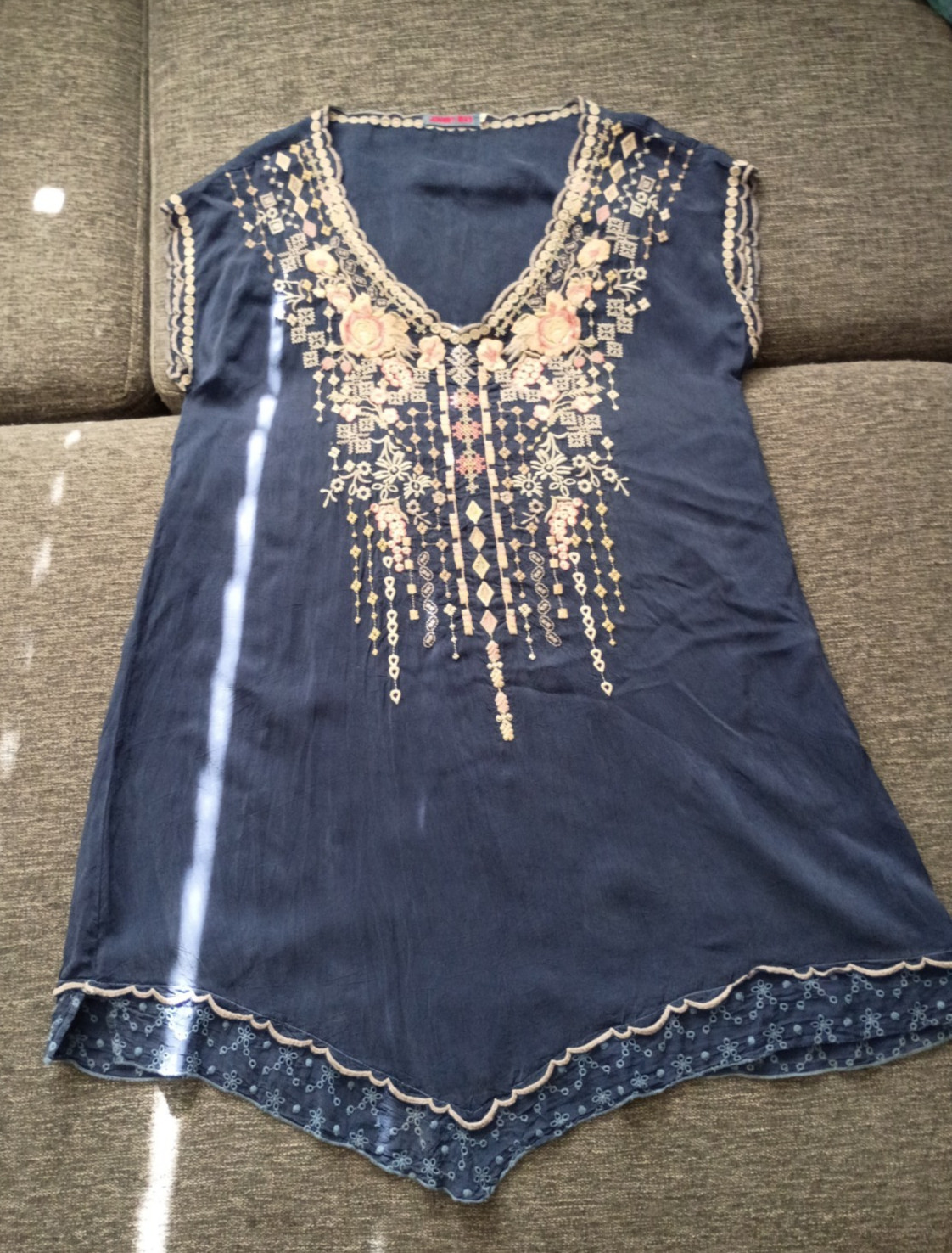 Johnny Was Embroidered Floral Tunic Dress Navy Blue Boho Size S