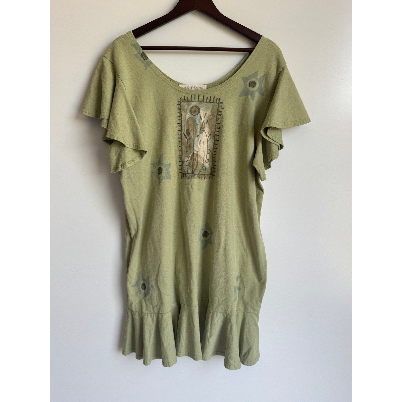 Blue Fish Handprinted Organic Cotton Dress Green Ruffle Size 1 Lagenlook Art