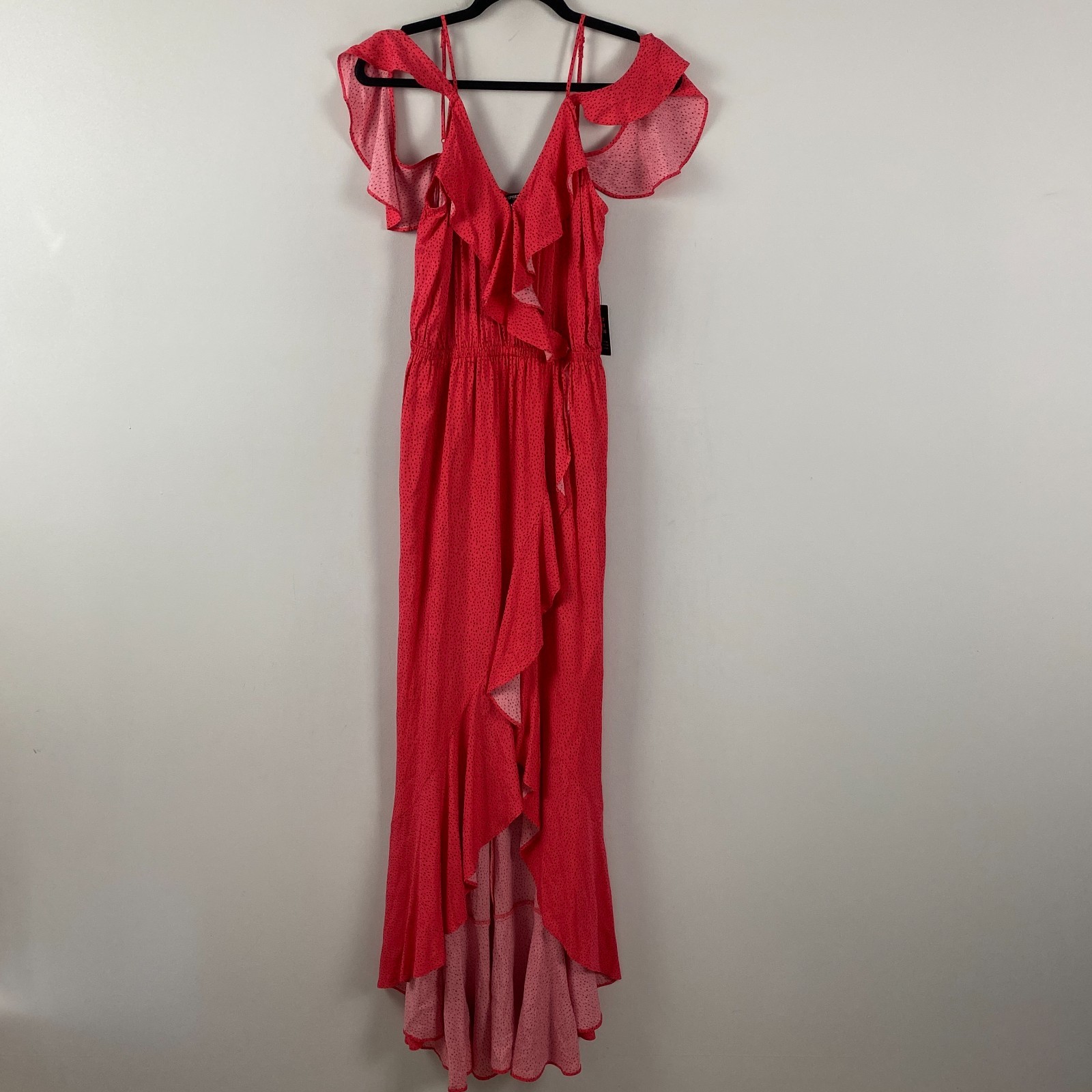 Express Ruffle Maxi Dress Size Medium Hi Low Hem Red Black Polka Dot
