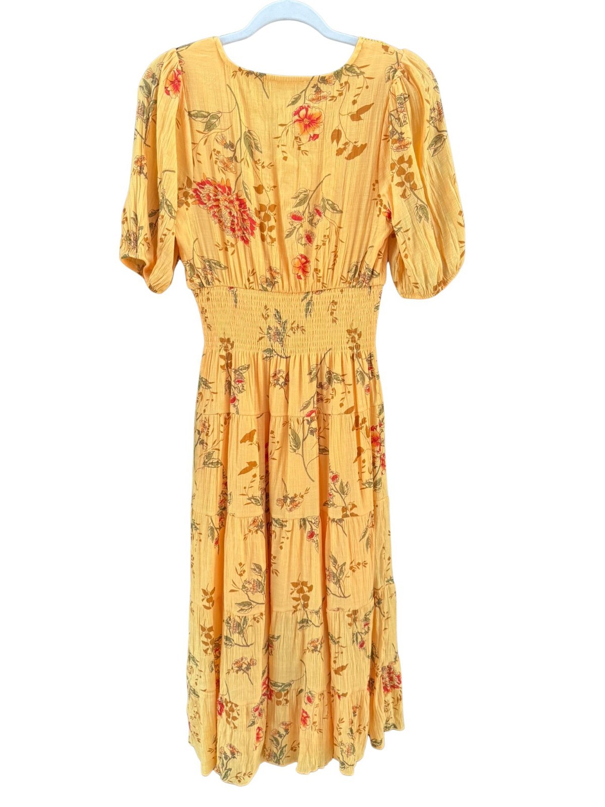 Boho Cottagecore Floral Midi Dress Smocked Waist Puff Sleeve Mustard M