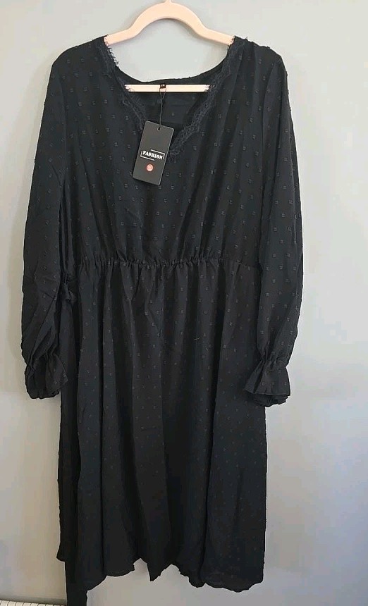 Elegant Black Dot Sheer Overlay Long Sleeve Dress W/ Belt & Pockets 2XL NWT