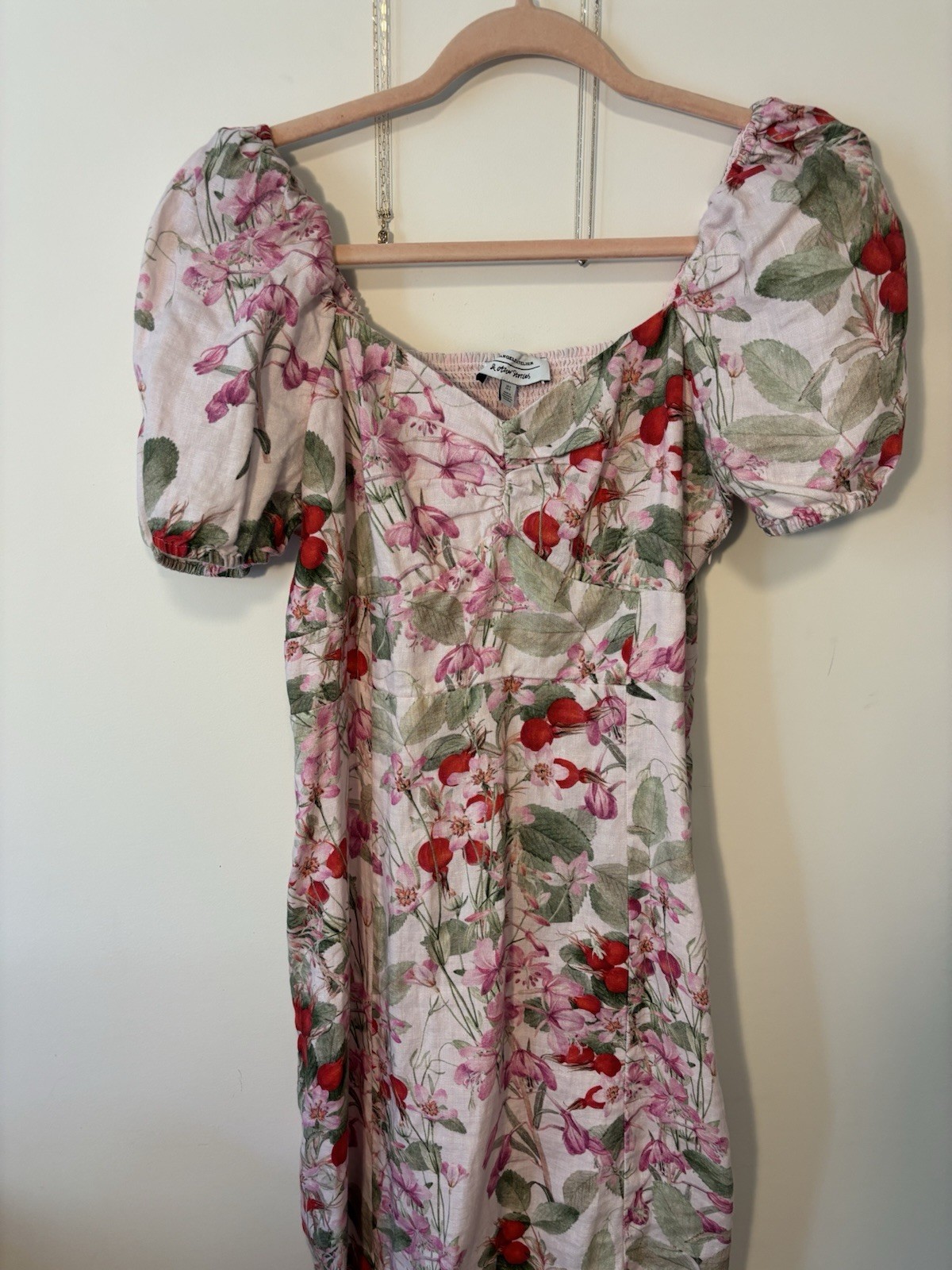 & Other Stories Pink Green Red Linen Floral Puff Sleeve Smocked Midi Dress 8