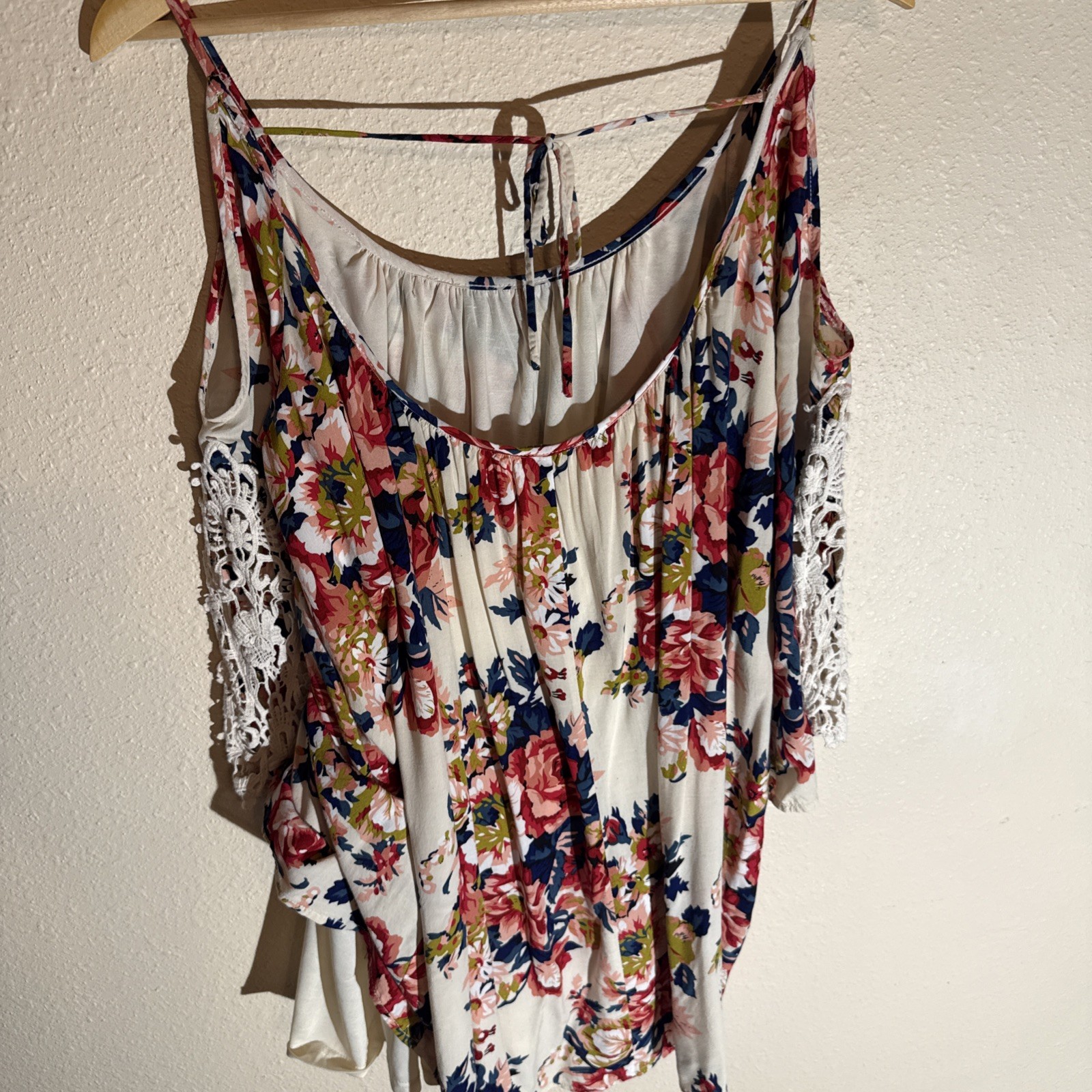Umgee Med. Floral Boho Off Shoulder Mini Dress Crocheted Detailing Cotton Blend