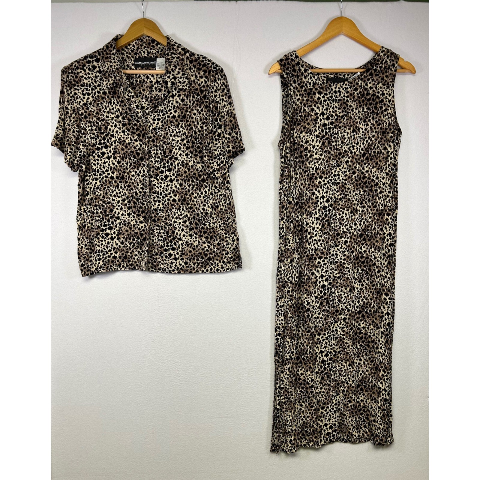 Vintage Mob Wife Sag Harbor Dress Womens 12P Brown Leopard Print 2pc Dress Set