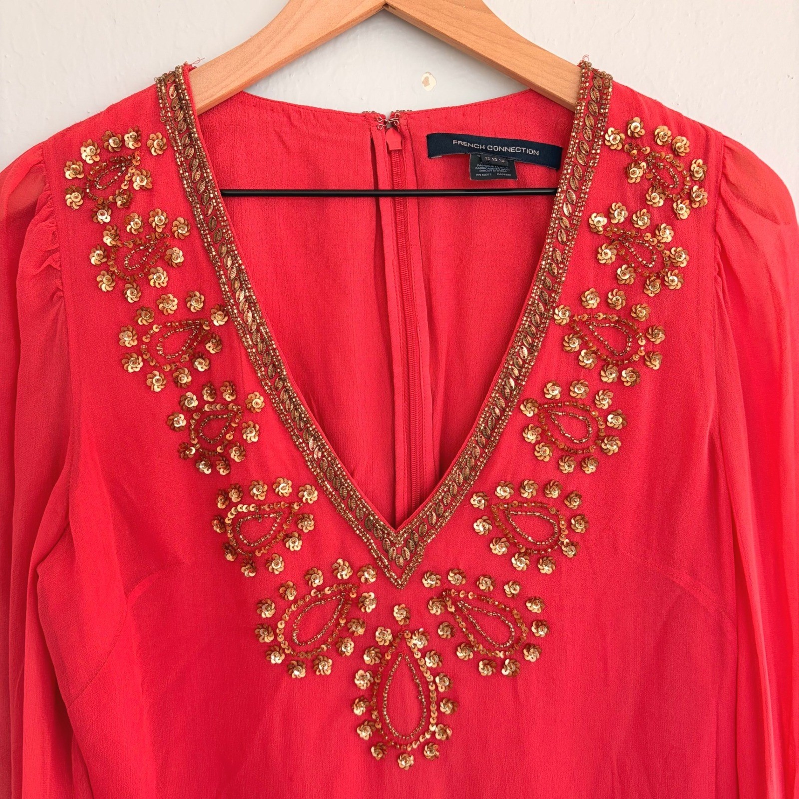 French Connection Shift Dress Silk-Georgette Sequined Coral V-Nick US10 UK14