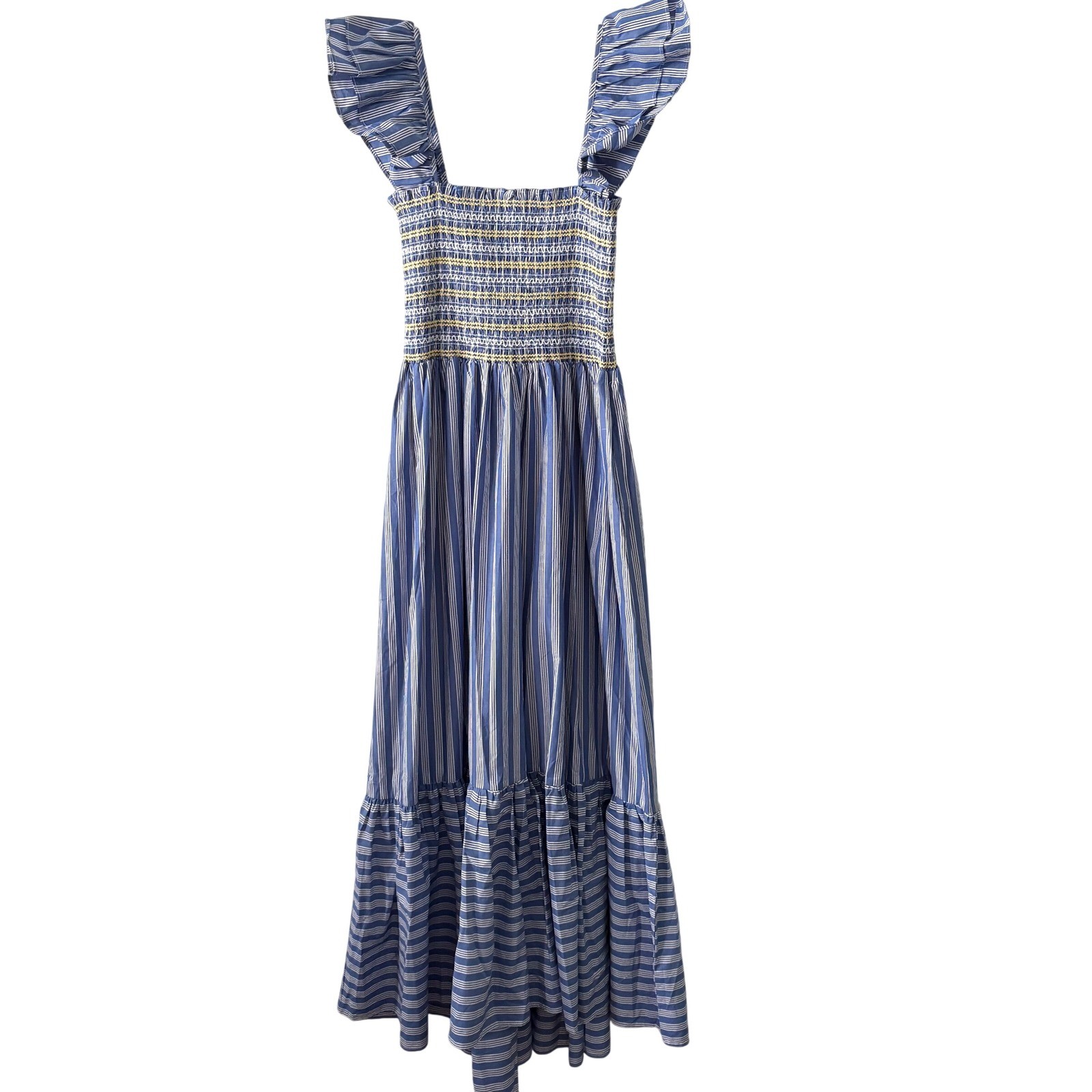 NWT Karlie Blue Yellow Stripe Smocked Ruffle Strap Poplin Maxi Dress in Size L