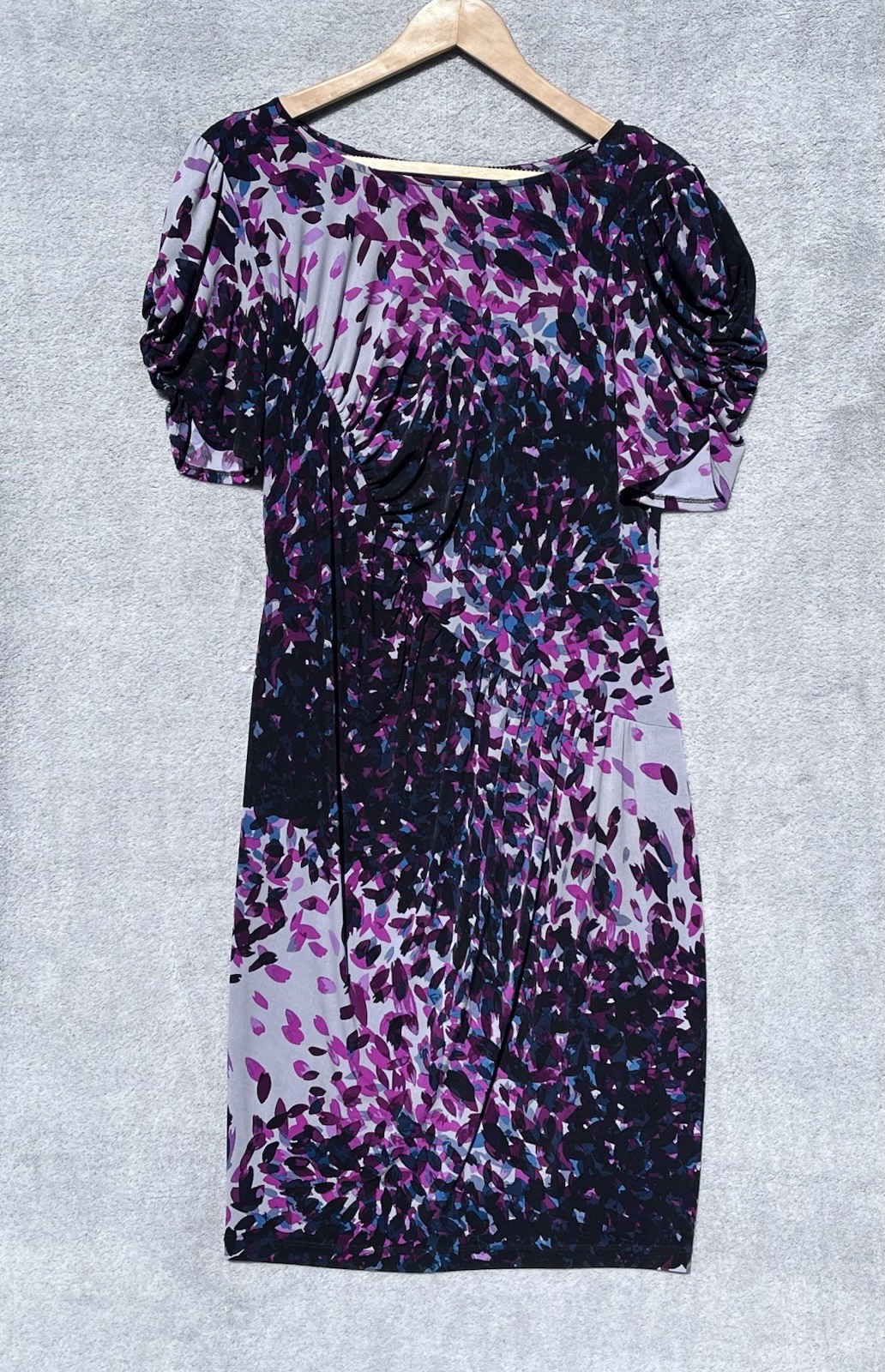 M&S Size 14 Purple Blue Floral Ruched Dress Viscose Stretch Wedding Guest Races