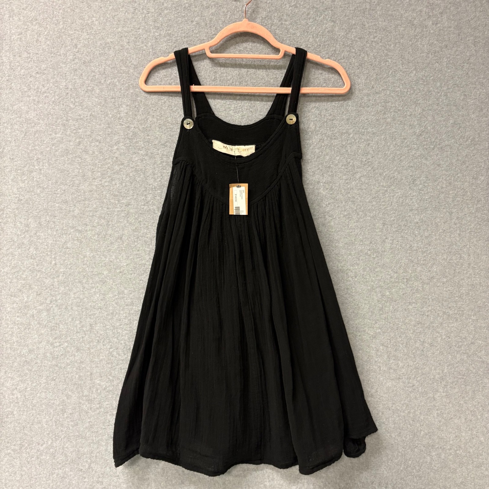 Jen’s Pirate Booty Gauze Mini Dress Jumper Black Boho Button Strap NWT