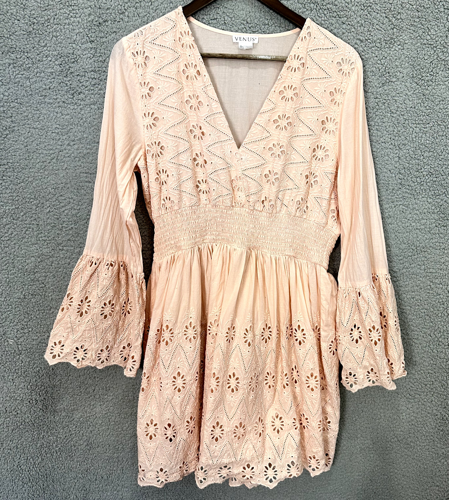 Venus Mini Dress Womens 16 Floral Eyelet Long Flare Sleeve Boho Fairy Hippie