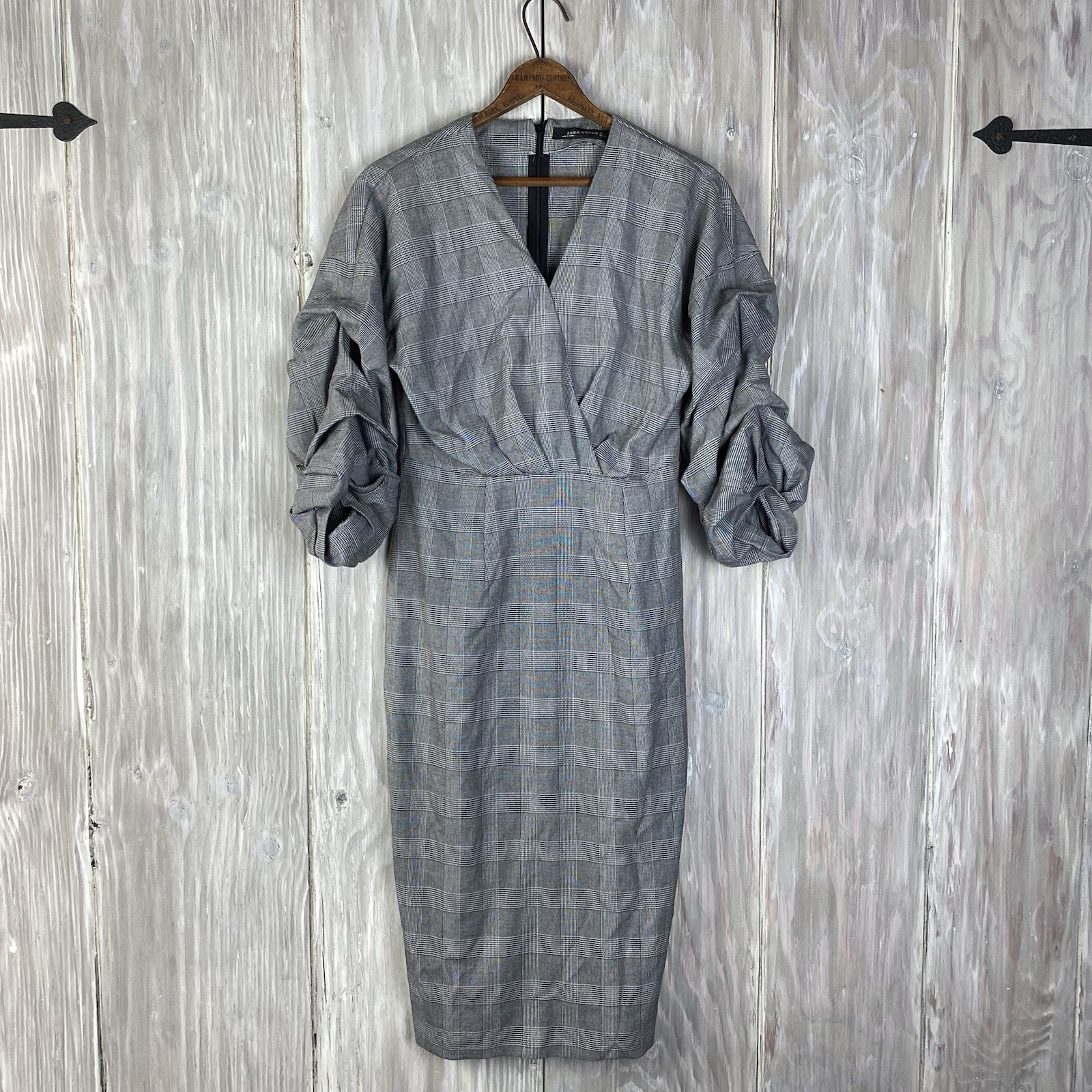 Zara Woman Checkered Sheath Shift Dress Houndstooth Sz S Faux Wrap Puffy Sleeve