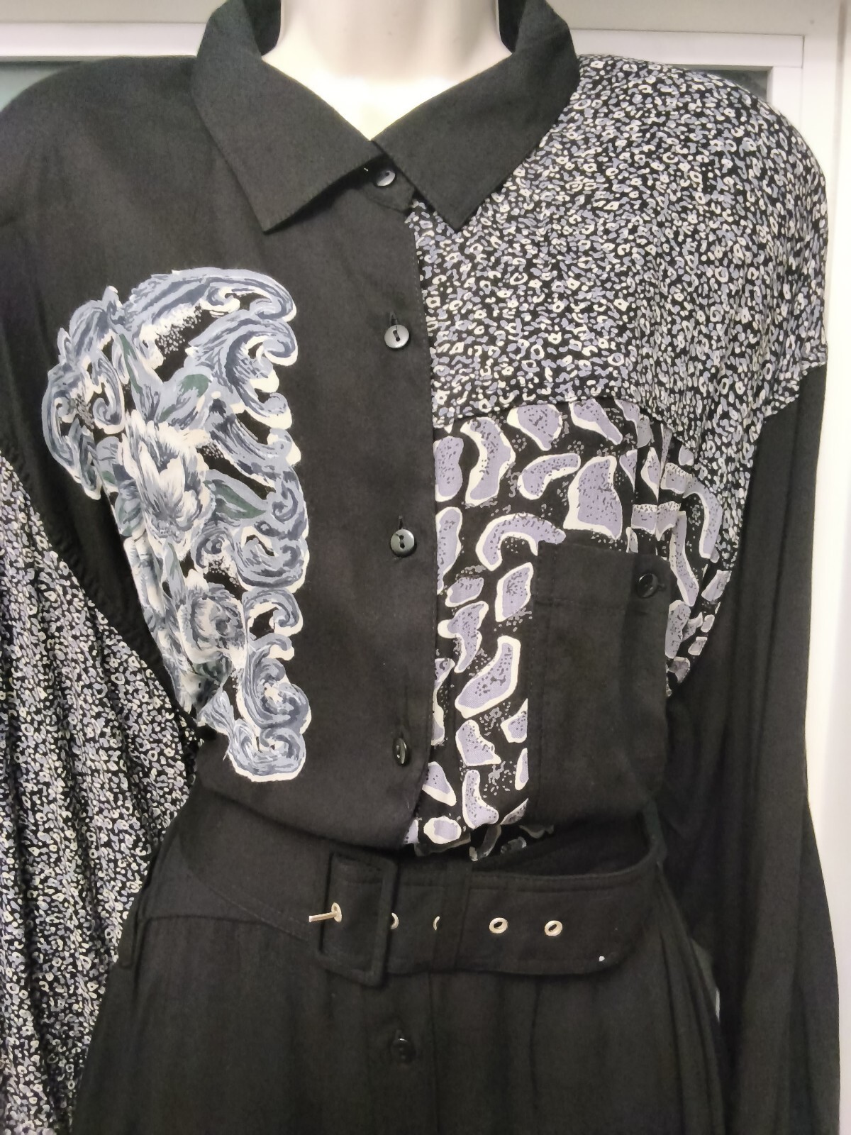80s Vintage Button Calico & Floral Patchwork Look Monochrome Maxi Shirt Dress 24
