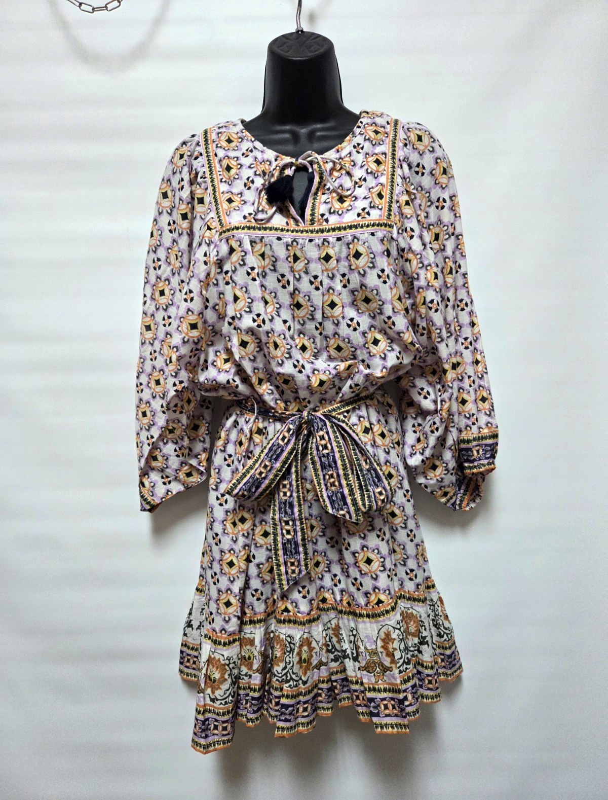 Cleobella S Multicolor Floral A-Line Mini Dress Long Sleeve Round Neck Tie