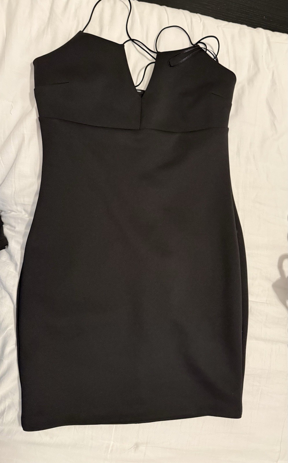 GUESS Black Satin Bodycon Mini Dress Women’s Size M V-Neck Strappy Back Zip