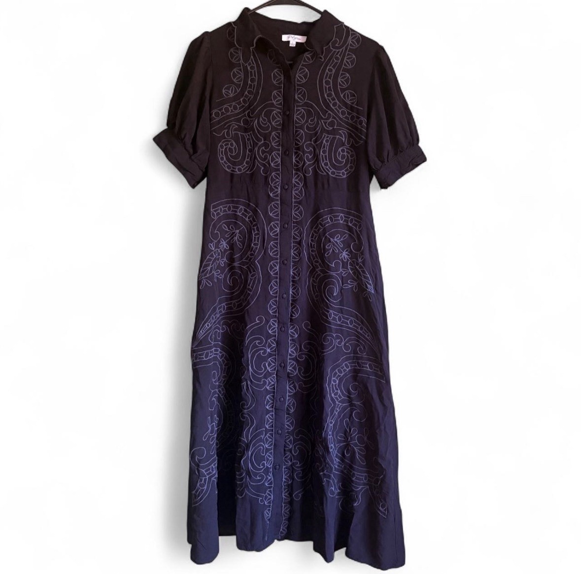 Polagram Black Embroidered Dress A-line Puff Sleeves Midi Dress
