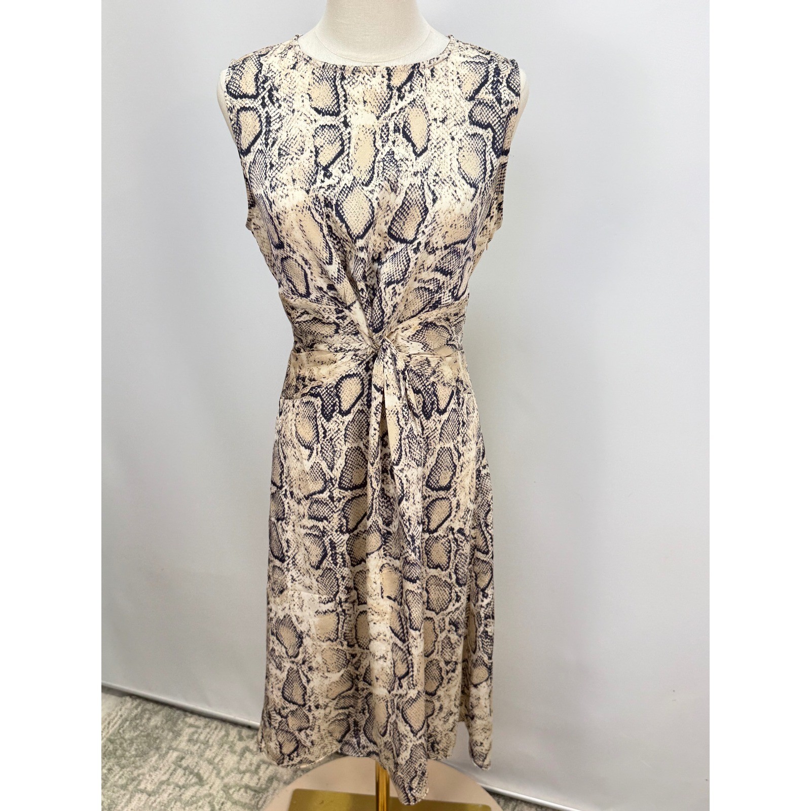 AQUA Womens Snakeskin Print Twist Front Sleeveless Midi Dress Neutral Beige M