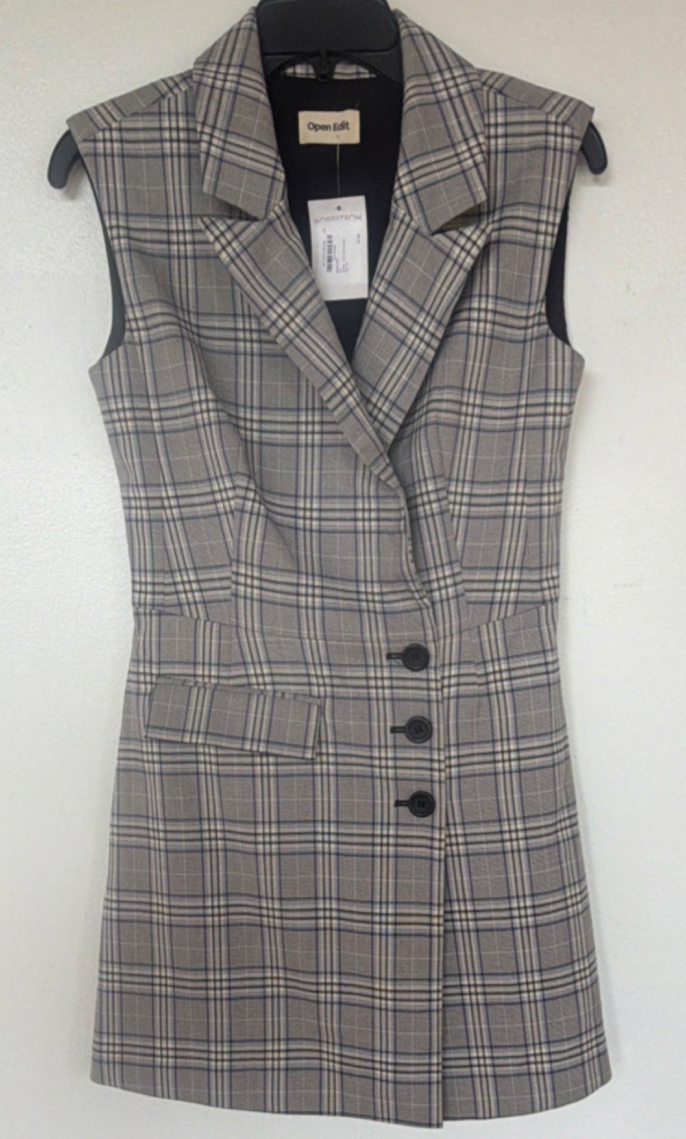 Open Edit Plaid Sleeveless Collared Button Sheath Dress Gray Black Medium