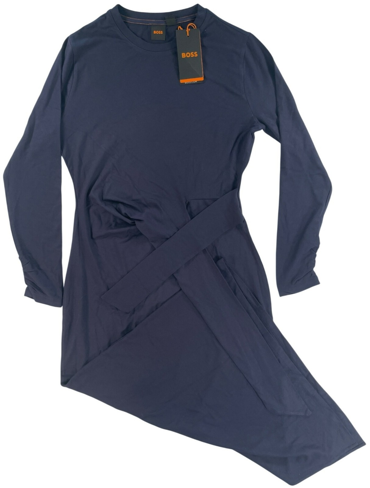 Hugo Boss C Erlot Midi Dress Stretch Jersey Navy Long-Sleeve Belted Size S NEW