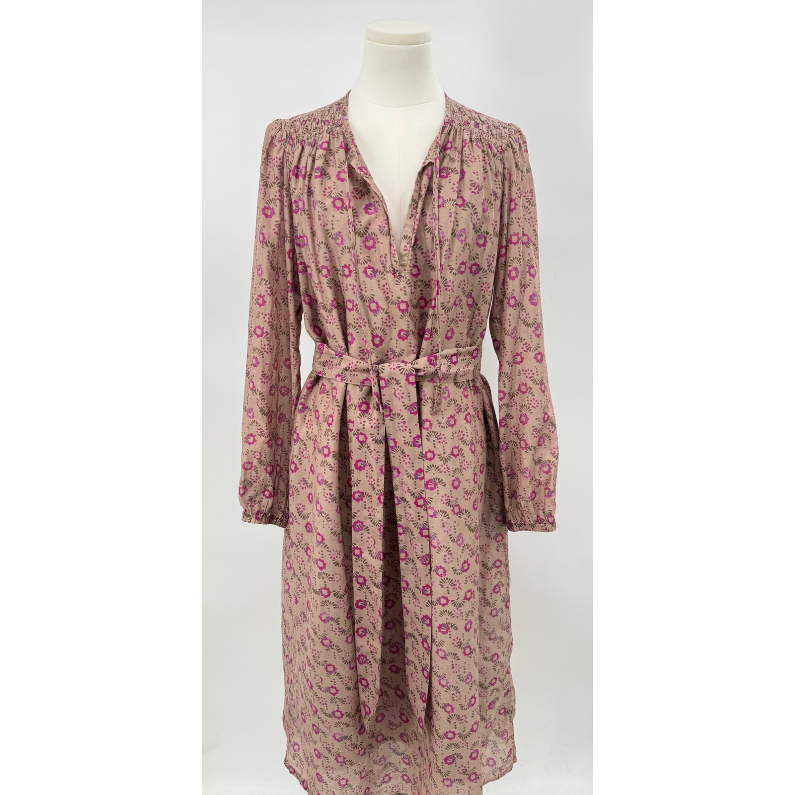 Xirena Laia Mocha Brown Pink Floral Dress Block Print Midi Cotton Silk Boho L