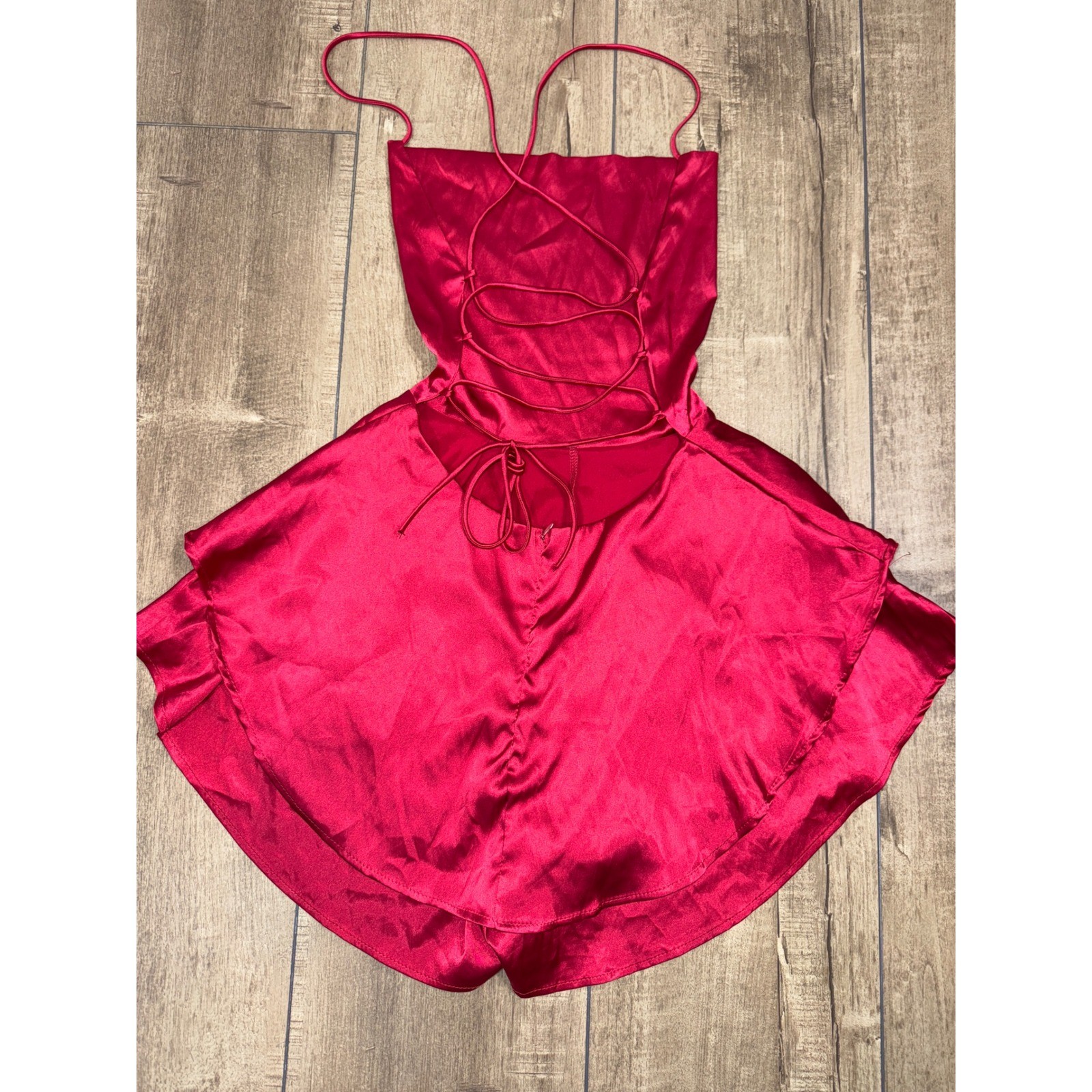 Satin Spaghetti Strap Lace Up Back Mini Dress party formal