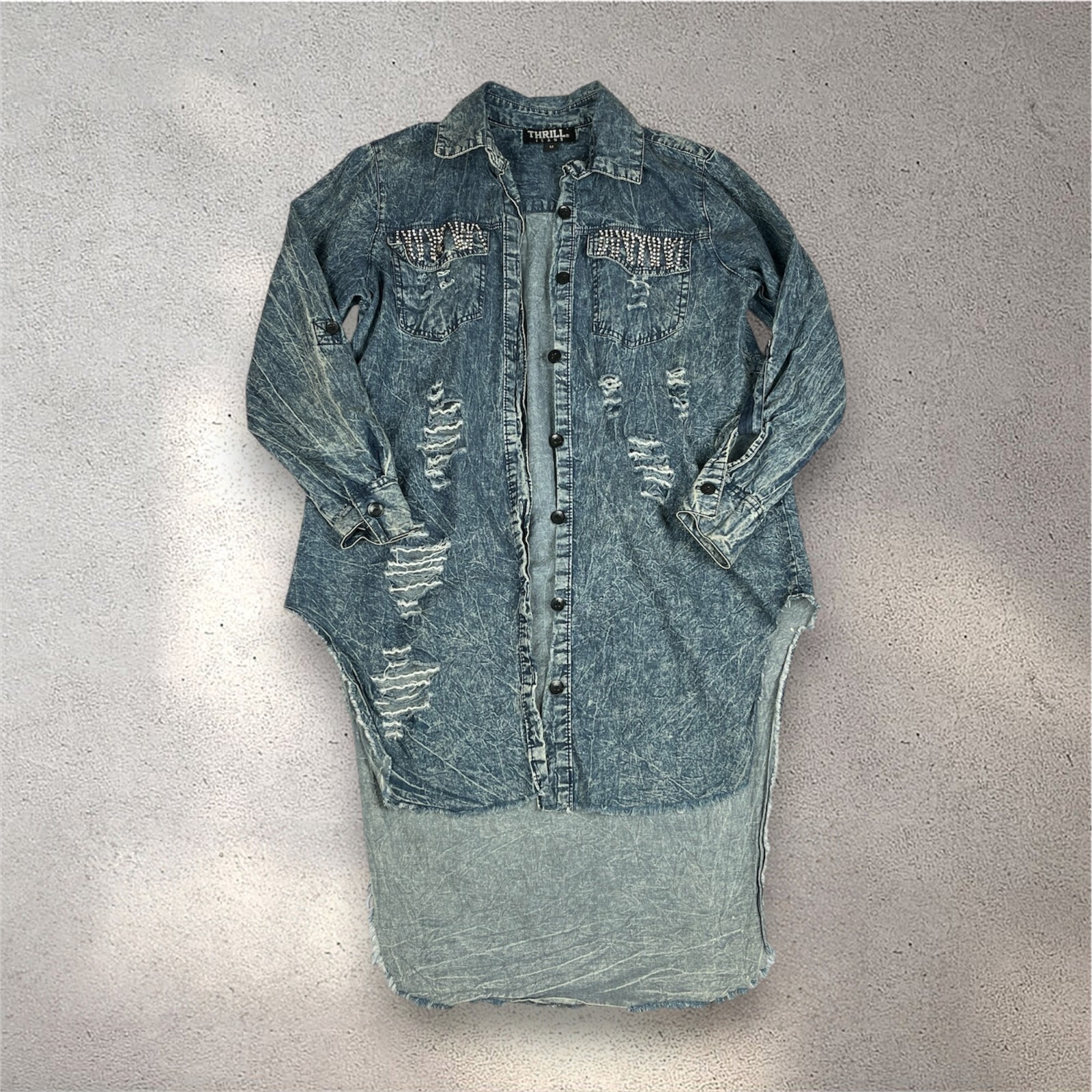 THRILL Distressed Denim Shirt Dress Women’s M Acid Wash Rhinestone Y2K Grunge