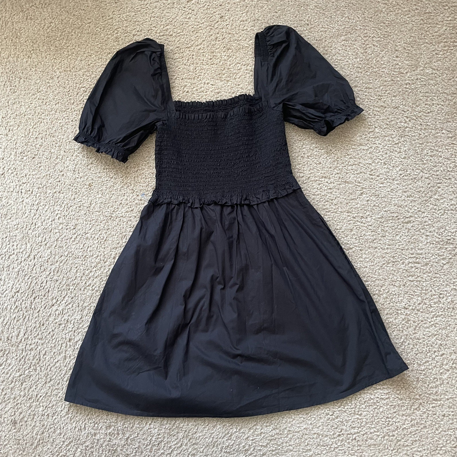 French Connection Black Smocked Puff Sleeve Mini Dress Size 4 Cottagecore LBD
