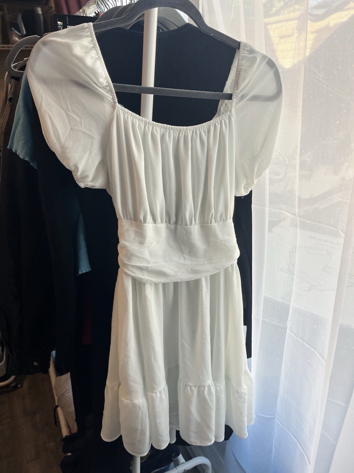 Women’s White Square Neck Puff Sleeve Bow Front A-Line Mini Dress Size M