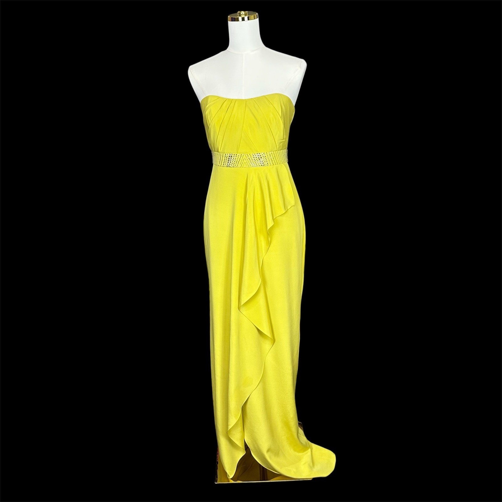 Nicole Miller Yellow Strapless Embellished Waist Ruffle Evening Gown Maxi Dress