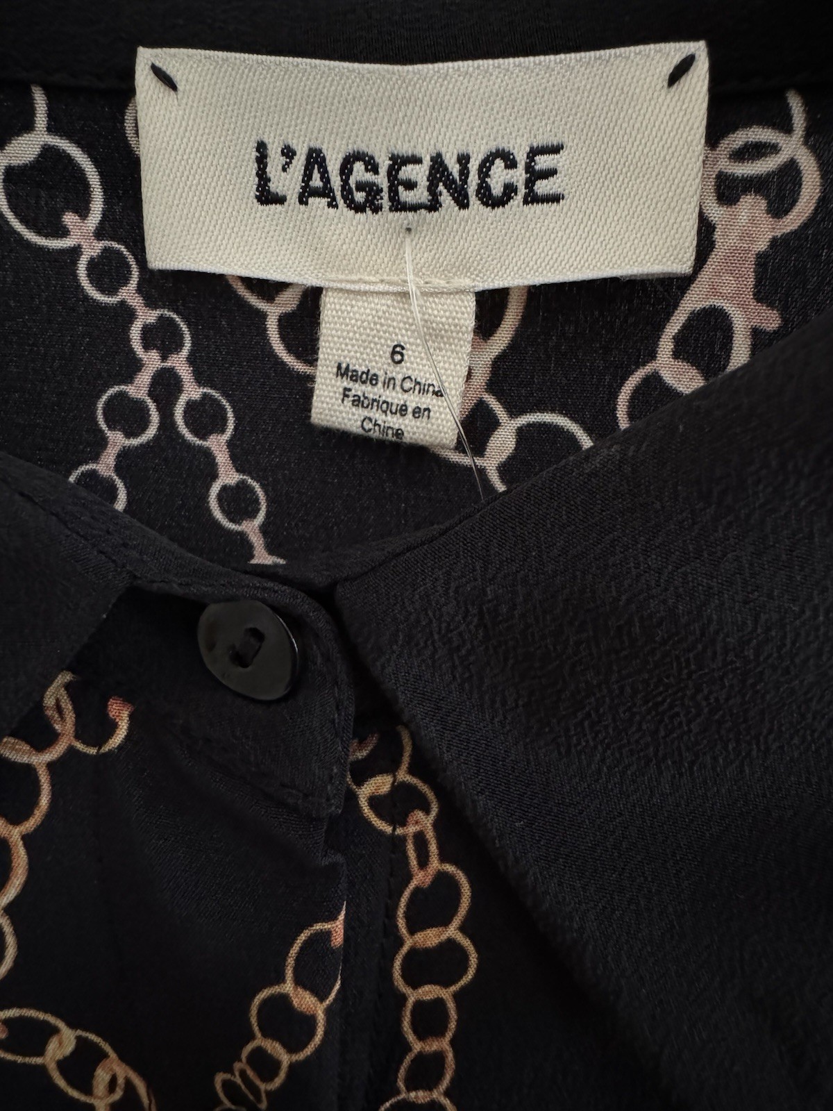 L’AGENCE Black/Gold Chain Print Silk Collared Long Sleeve Shirt Dress Size 6